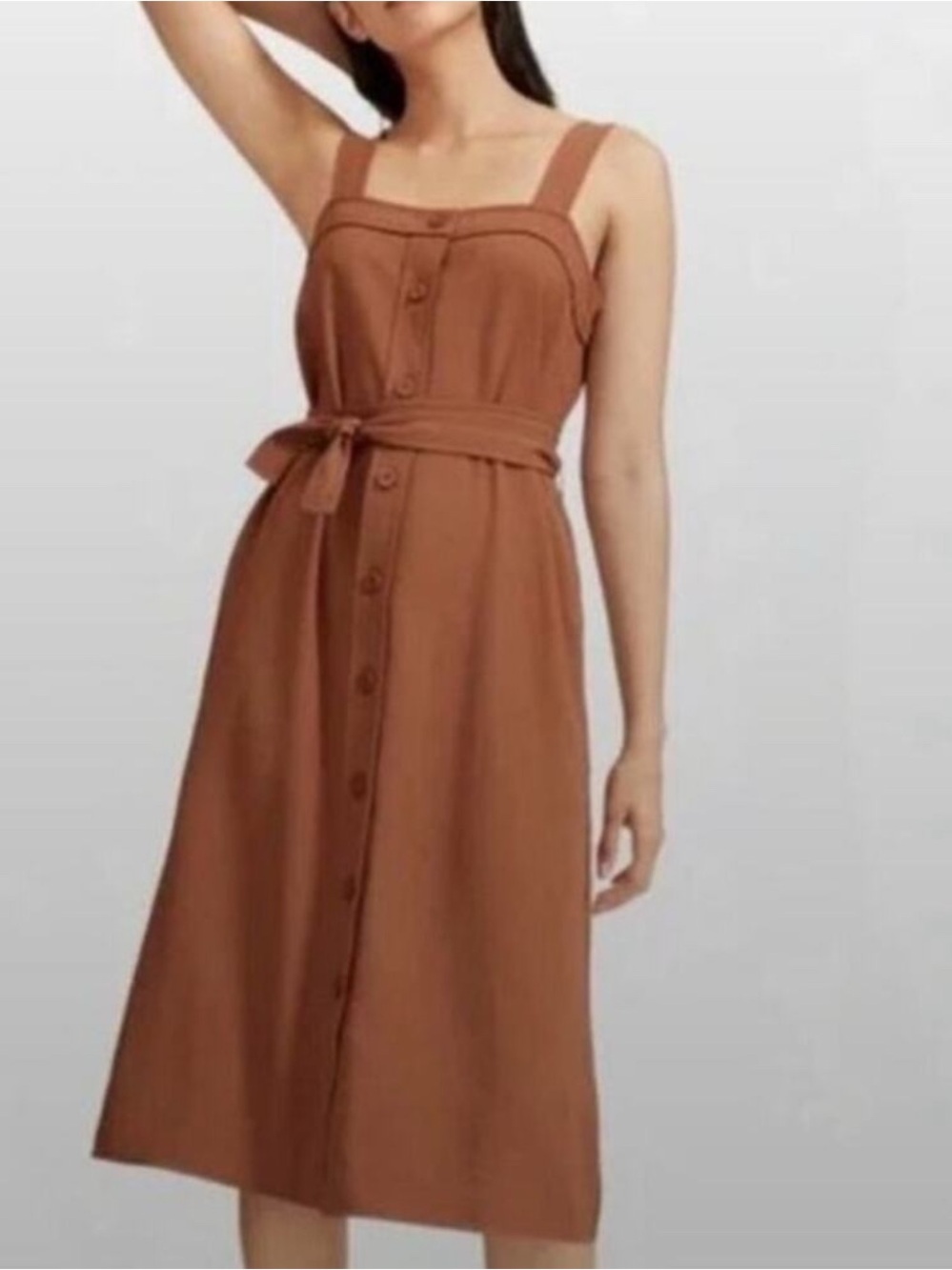 Classic Button-Front Brown Midi Dress with Waist Tie